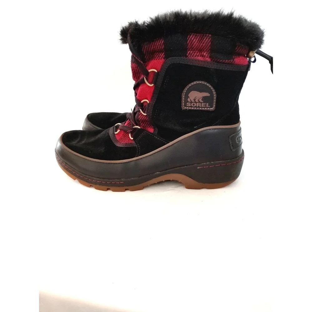 Sorel Women 8.5 Slimpack II Black Suede Red Plaid Fur Lined Waterproof Duck Boot